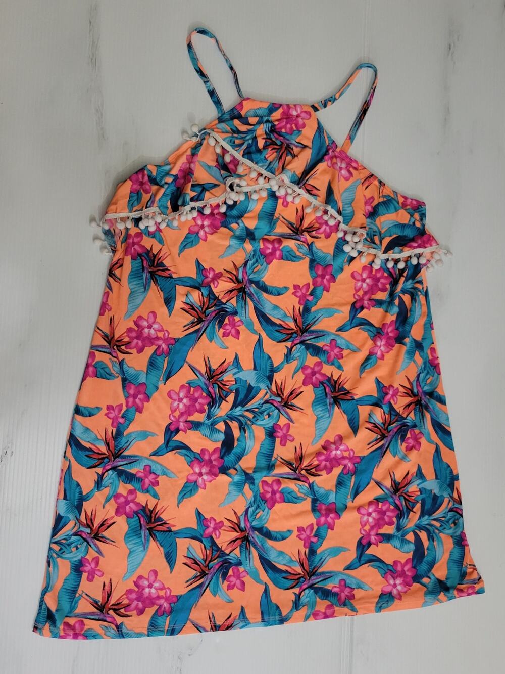 Arizona Jean Co Tropical Floral Swim Cover-Up Dress with Pom Poms XL